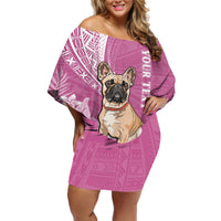 Personalised Polynesian Pacific Bulldog Off Shoulder Short Dress With Pink Hawaii Tribal Tattoo Patterns - Wonder Print Shop