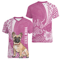 Personalised Polynesian Pacific Bulldog Women V Neck T Shirt With Pink Hawaii Tribal Tattoo Patterns - Wonder Print Shop