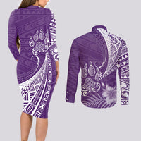 Personalised Polynesian Pacific Bulldog Couples Matching Long Sleeve Bodycon Dress and Long Sleeve Button Shirts With Violet Hawaii Tribal Tattoo Patterns LT7 - Wonder Print Shop