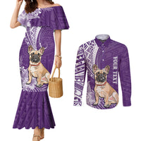 personalised-polynesian-pacific-bulldog-couples-matching-mermaid-dress-and-long-sleeve-button-shirts-with-violet-hawaii-tribal-tattoo-patterns