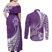 Personalised Polynesian Pacific Bulldog Couples Matching Off Shoulder Maxi Dress and Long Sleeve Button Shirts With Violet Hawaii Tribal Tattoo Patterns LT7 - Wonder Print Shop