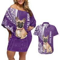 Personalised Polynesian Pacific Bulldog Couples Matching Off Shoulder Short Dress and Hawaiian Shirt With Violet Hawaii Tribal Tattoo Patterns LT7 - Wonder Print Shop