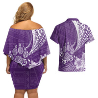 Personalised Polynesian Pacific Bulldog Couples Matching Off Shoulder Short Dress and Hawaiian Shirt With Violet Hawaii Tribal Tattoo Patterns LT7 - Wonder Print Shop