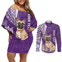 Personalised Polynesian Pacific Bulldog Couples Matching Off Shoulder Short Dress and Long Sleeve Button Shirts With Violet Hawaii Tribal Tattoo Patterns LT7 - Wonder Print Shop