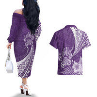 Personalised Polynesian Pacific Bulldog Couples Matching Off The Shoulder Long Sleeve Dress and Hawaiian Shirt With Violet Hawaii Tribal Tattoo Patterns LT7 - Wonder Print Shop