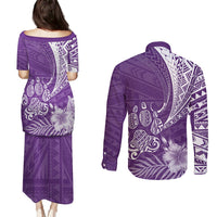 Personalised Polynesian Pacific Bulldog Couples Matching Puletasi Dress and Long Sleeve Button Shirts With Violet Hawaii Tribal Tattoo Patterns LT7 - Wonder Print Shop