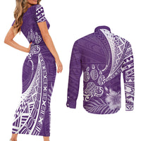 Personalised Polynesian Pacific Bulldog Couples Matching Short Sleeve Bodycon Dress and Long Sleeve Button Shirts With Violet Hawaii Tribal Tattoo Patterns LT7 - Wonder Print Shop