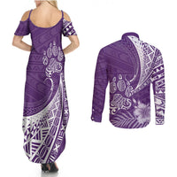 Personalised Polynesian Pacific Bulldog Couples Matching Summer Maxi Dress and Long Sleeve Button Shirts With Violet Hawaii Tribal Tattoo Patterns LT7 - Wonder Print Shop