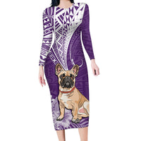 Personalised Polynesian Pacific Bulldog Long Sleeve Bodycon Dress With Violet Hawaii Tribal Tattoo Patterns - Wonder Print Shop