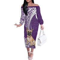 Personalised Polynesian Pacific Bulldog Off The Shoulder Long Sleeve Dress With Violet Hawaii Tribal Tattoo Patterns - Wonder Print Shop