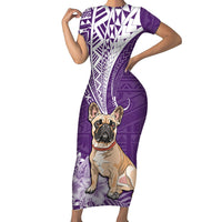 Personalised Polynesian Pacific Bulldog Short Sleeve Bodycon Dress With Violet Hawaii Tribal Tattoo Patterns - Wonder Print Shop