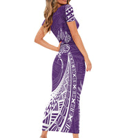 Personalised Polynesian Pacific Bulldog Short Sleeve Bodycon Dress With Violet Hawaii Tribal Tattoo Patterns - Wonder Print Shop