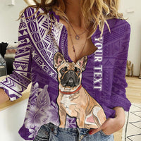 Personalised Polynesian Pacific Bulldog Women Casual Shirt With Violet Hawaii Tribal Tattoo Patterns - Wonder Print Shop