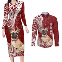 Personalised Polynesian Pacific Bulldog Couples Matching Long Sleeve Bodycon Dress and Long Sleeve Button Shirts With Red Hawaii Tribal Tattoo Patterns LT7 - Wonder Print Shop