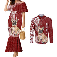 personalised-polynesian-pacific-bulldog-couples-matching-mermaid-dress-and-long-sleeve-button-shirts-with-red-hawaii-tribal-tattoo-patterns