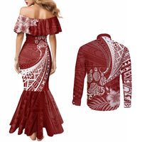personalised-polynesian-pacific-bulldog-couples-matching-mermaid-dress-and-long-sleeve-button-shirts-with-red-hawaii-tribal-tattoo-patterns