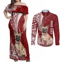 Personalised Polynesian Pacific Bulldog Couples Matching Off Shoulder Maxi Dress and Long Sleeve Button Shirts With Red Hawaii Tribal Tattoo Patterns LT7 - Wonder Print Shop