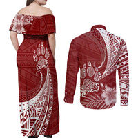 Personalised Polynesian Pacific Bulldog Couples Matching Off Shoulder Maxi Dress and Long Sleeve Button Shirts With Red Hawaii Tribal Tattoo Patterns LT7 - Wonder Print Shop