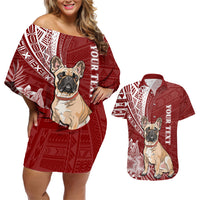 Personalised Polynesian Pacific Bulldog Couples Matching Off Shoulder Short Dress and Hawaiian Shirt With Red Hawaii Tribal Tattoo Patterns LT7 - Wonder Print Shop