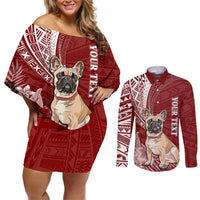 Personalised Polynesian Pacific Bulldog Couples Matching Off Shoulder Short Dress and Long Sleeve Button Shirts With Red Hawaii Tribal Tattoo Patterns LT7 - Wonder Print Shop