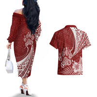 Personalised Polynesian Pacific Bulldog Couples Matching Off The Shoulder Long Sleeve Dress and Hawaiian Shirt With Red Hawaii Tribal Tattoo Patterns LT7 - Wonder Print Shop