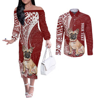 personalised-polynesian-pacific-bulldog-couples-matching-off-the-shoulder-long-sleeve-dress-and-long-sleeve-button-shirts-with-red-hawaii-tribal-tattoo-patterns