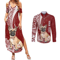 Personalised Polynesian Pacific Bulldog Couples Matching Summer Maxi Dress and Long Sleeve Button Shirts With Red Hawaii Tribal Tattoo Patterns LT7 - Wonder Print Shop