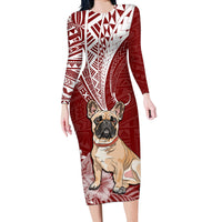 Personalised Polynesian Pacific Bulldog Long Sleeve Bodycon Dress With Red Hawaii Tribal Tattoo Patterns - Wonder Print Shop
