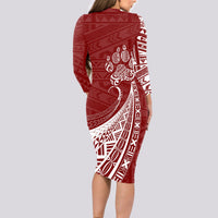 Personalised Polynesian Pacific Bulldog Long Sleeve Bodycon Dress With Red Hawaii Tribal Tattoo Patterns - Wonder Print Shop