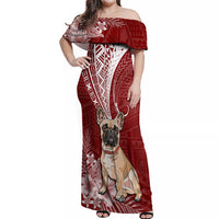 Personalised Polynesian Pacific Bulldog Off Shoulder Maxi Dress With Red Hawaii Tribal Tattoo Patterns - Wonder Print Shop