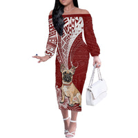 Personalised Polynesian Pacific Bulldog Off The Shoulder Long Sleeve Dress With Red Hawaii Tribal Tattoo Patterns - Wonder Print Shop