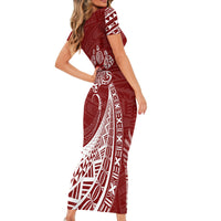 Personalised Polynesian Pacific Bulldog Short Sleeve Bodycon Dress With Red Hawaii Tribal Tattoo Patterns - Wonder Print Shop