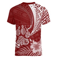 Personalised Polynesian Pacific Bulldog Women V Neck T Shirt With Red Hawaii Tribal Tattoo Patterns - Wonder Print Shop
