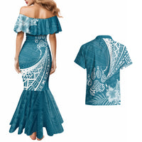 Personalised Polynesian Pacific Bulldog Couples Matching Mermaid Dress And Hawaiian Shirt With Teal Hawaii Tribal Tattoo Patterns LT7 - Wonder Print Shop