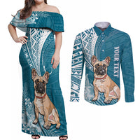 Personalised Polynesian Pacific Bulldog Couples Matching Off Shoulder Maxi Dress and Long Sleeve Button Shirts With Teal Hawaii Tribal Tattoo Patterns LT7 - Wonder Print Shop