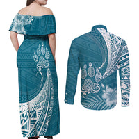 Personalised Polynesian Pacific Bulldog Couples Matching Off Shoulder Maxi Dress and Long Sleeve Button Shirts With Teal Hawaii Tribal Tattoo Patterns LT7 - Wonder Print Shop