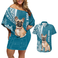 Personalised Polynesian Pacific Bulldog Couples Matching Off Shoulder Short Dress and Hawaiian Shirt With Teal Hawaii Tribal Tattoo Patterns LT7 - Wonder Print Shop