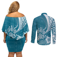 Personalised Polynesian Pacific Bulldog Couples Matching Off Shoulder Short Dress and Long Sleeve Button Shirts With Teal Hawaii Tribal Tattoo Patterns LT7 - Wonder Print Shop