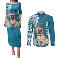 Personalised Polynesian Pacific Bulldog Couples Matching Puletasi Dress and Long Sleeve Button Shirts With Teal Hawaii Tribal Tattoo Patterns LT7 - Wonder Print Shop