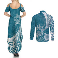 Personalised Polynesian Pacific Bulldog Couples Matching Summer Maxi Dress and Long Sleeve Button Shirts With Teal Hawaii Tribal Tattoo Patterns LT7 - Wonder Print Shop