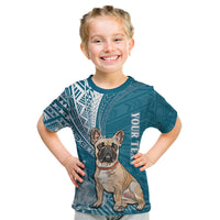 Personalised Polynesian Pacific Bulldog Kid T Shirt With Teal Hawaii Tribal Tattoo Patterns - Wonder Print Shop
