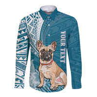 Personalised Polynesian Pacific Bulldog Long Sleeve Button Shirt With Teal Hawaii Tribal Tattoo Patterns - Wonder Print Shop