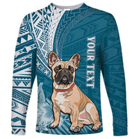 Personalised Polynesian Pacific Bulldog Long Sleeve Shirt With Teal Hawaii Tribal Tattoo Patterns - Wonder Print Shop