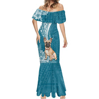 Personalised Polynesian Pacific Bulldog Mermaid Dress With Teal Hawaii Tribal Tattoo Patterns - Wonder Print Shop