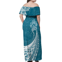 Personalised Polynesian Pacific Bulldog Off Shoulder Maxi Dress With Teal Hawaii Tribal Tattoo Patterns - Wonder Print Shop