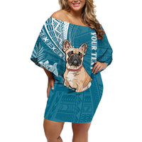 Personalised Polynesian Pacific Bulldog Off Shoulder Short Dress With Teal Hawaii Tribal Tattoo Patterns - Wonder Print Shop