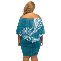 Personalised Polynesian Pacific Bulldog Off Shoulder Short Dress With Teal Hawaii Tribal Tattoo Patterns - Wonder Print Shop