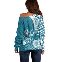 Personalised Polynesian Pacific Bulldog Off Shoulder Sweater With Teal Hawaii Tribal Tattoo Patterns - Wonder Print Shop