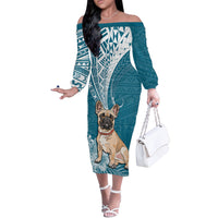 Personalised Polynesian Pacific Bulldog Off The Shoulder Long Sleeve Dress With Teal Hawaii Tribal Tattoo Patterns - Wonder Print Shop