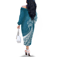 Personalised Polynesian Pacific Bulldog Off The Shoulder Long Sleeve Dress With Teal Hawaii Tribal Tattoo Patterns - Wonder Print Shop